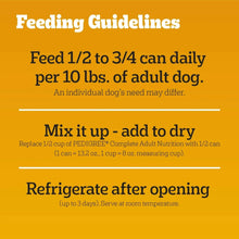 Feeding guidelines panel for wet dog food in gravy; daily feeding and storage tips