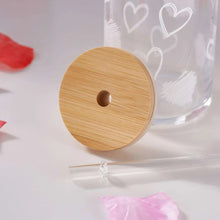 Clear glass sipper jar with bamboo lid, heart pattern, straw and round lid cap