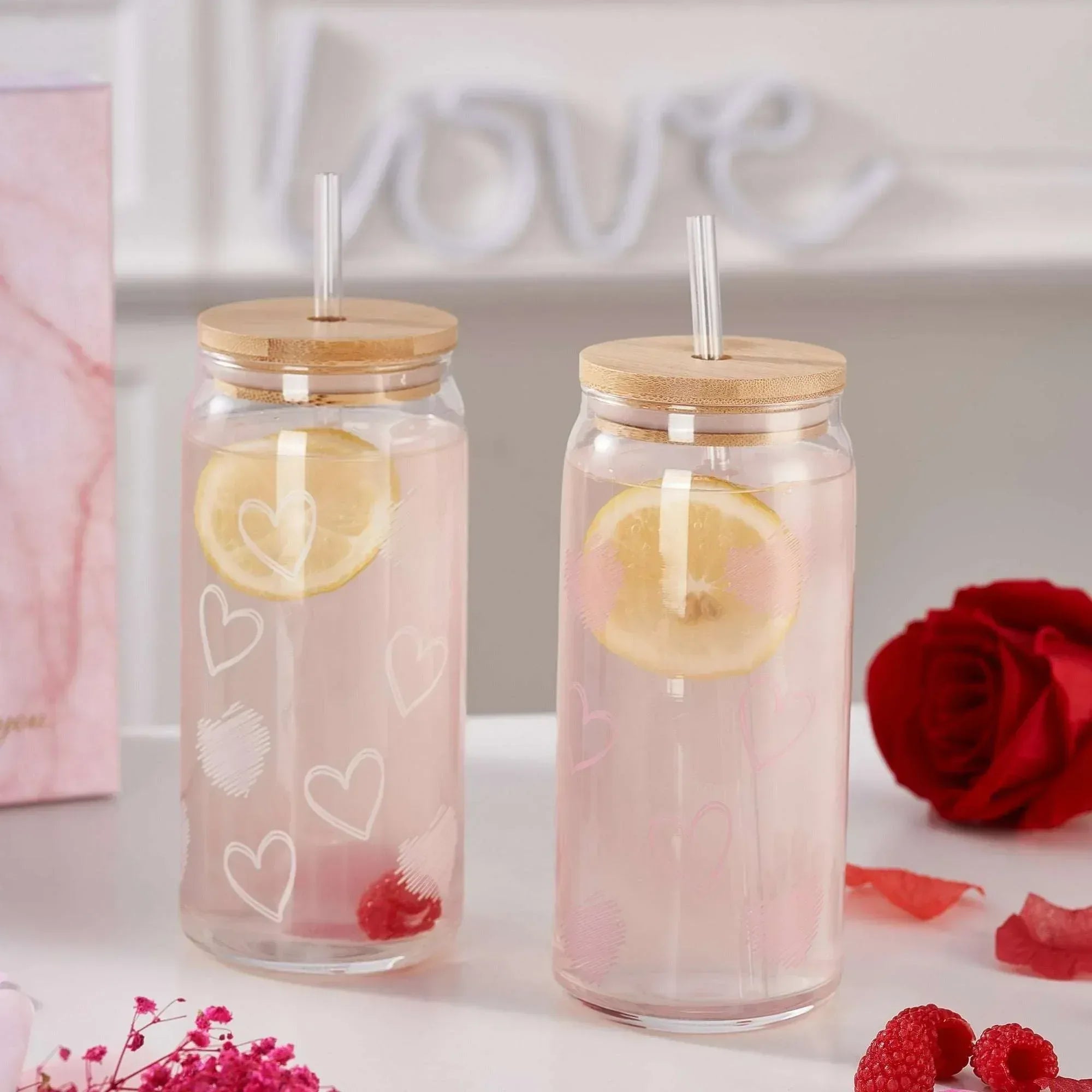 Mainstays Glass 20 oz Can Sipper Pink and White Heart, 2 Pack