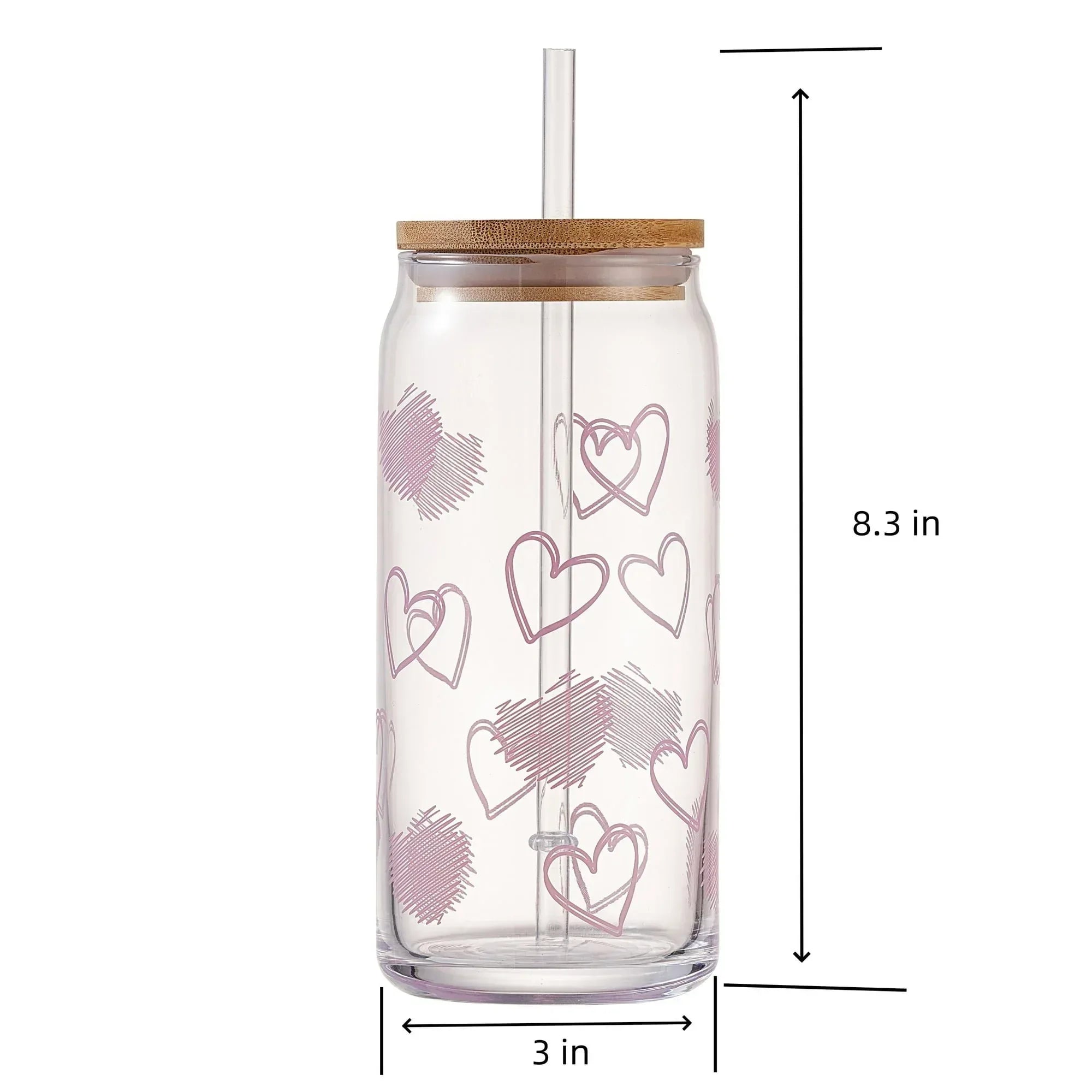 Mainstays Glass 20 oz Can Sipper Pink and White Heart, 2 Pack