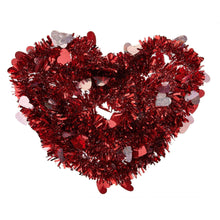 Red heart tinsel garland with glitter heart pieces and fuzzy metallic trim