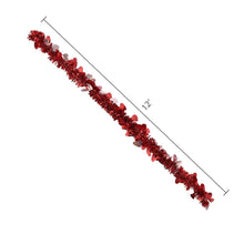 Red tinsel heart garland, 12 ft long with evenly spaced heart charms