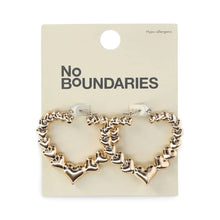 Gold tone heart hoop earrings with openwork heart charm and chain links