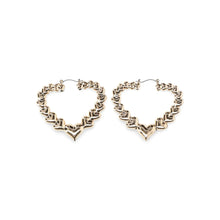 Gold tone heart hoop earrings, textured chain links with hanging heart center