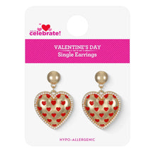 Single heart earrings on card, red heart pattern, gold-tone studs with crystal trim