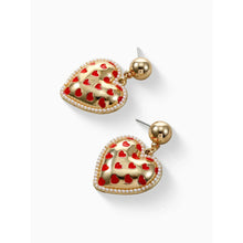 Pair of heart drop earrings, red heart pattern with rhinestone border and gold-tone caps