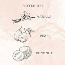 Scent notes illustration: vanilla, pear, and coconut for Glow scented candles