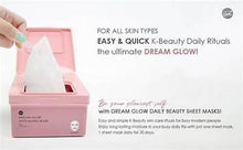Pink face mask dispenser box labeled Dream Glow, with sheet masks shown beside it.