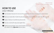 How-to-use card for daily ritual face mask, with steps and timing notes.