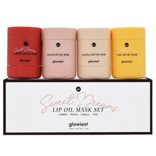 Sweet Dreams lip oil mask set box with four jars: cherry, peach, vanilla, and yuzu.