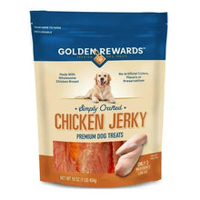 Chicken jerky dog treats pouch with Golden Rewards branding and “Simply Crafted” text