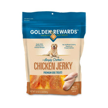 Chicken jerky dog treats pouch with Golden Rewards branding and “No artificial” claims