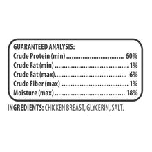 Guaranteed analysis label for chicken breast jerky with protein, fat, fiber, and moisture