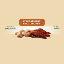Chicken jerky treats image with “1st ingredient real chicken” badge and jerky pieces