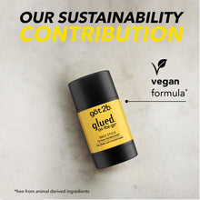 Wax stick container with vegan formula icon and sustainability contribution text