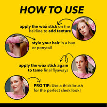 How-to-use graphic featuring a hair wax stick and bun or ponytail styling