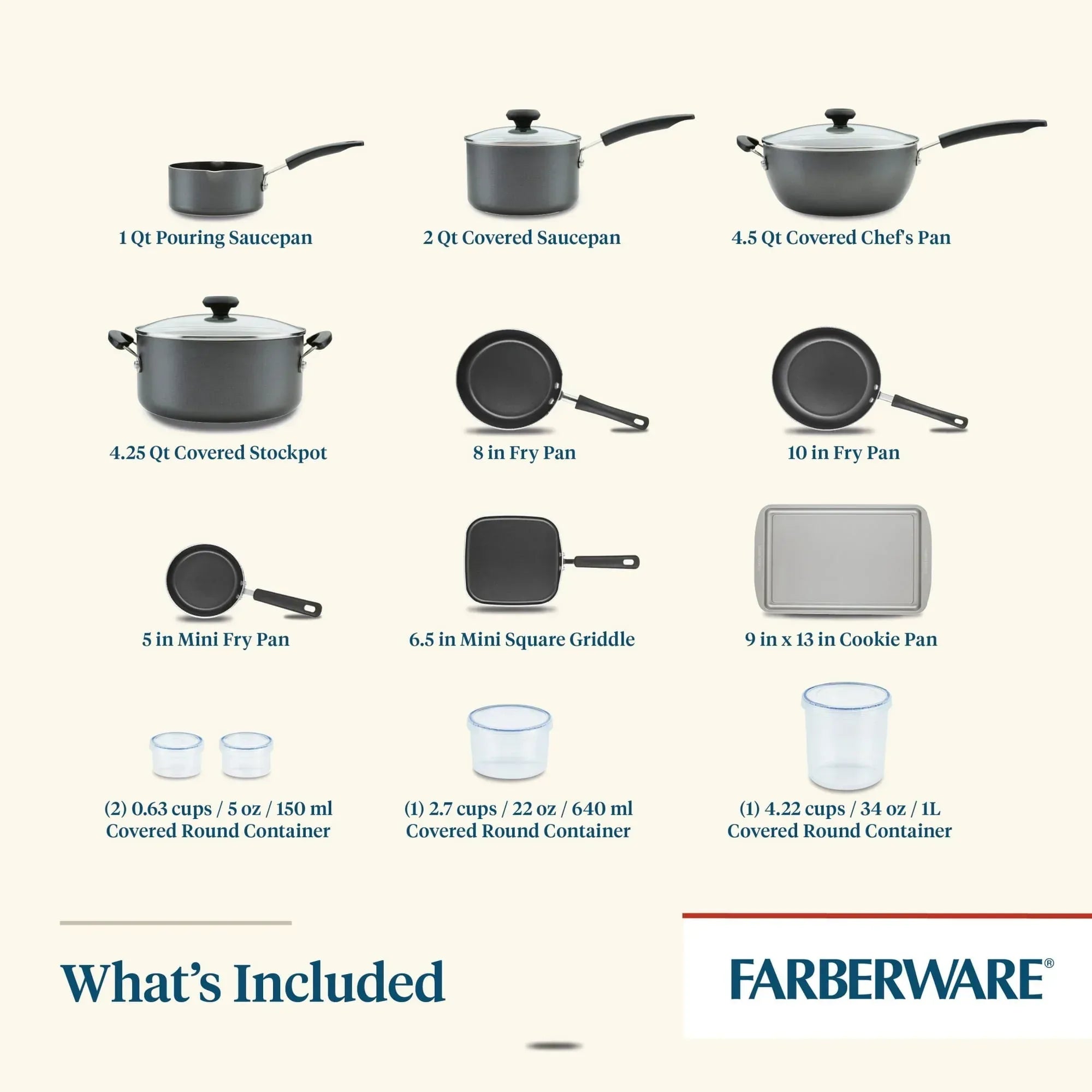 Farberware Easy Clean 20 Pcs Nonstick Cookware Set and Glass Lids with Cooking Tools and Food Storage Containers, Dishwasher Safe