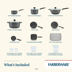 Farberware Easy Clean 20 Pcs Nonstick Cookware Set and Glass Lids with Cooking Tools and Food Storage Containers, Dishwasher Safe