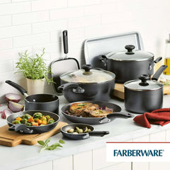 Farberware Easy Clean 20 Pcs Nonstick Cookware Set and Glass Lids with Cooking Tools and Food Storage Containers, Dishwasher Safe