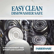 Cookware in a dishwasher rack with nonstick pans and glass lids.