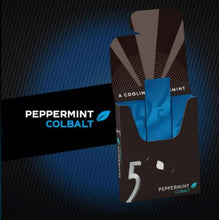 Sugar-free peppermint cobalt chewing gum pack, blue '5' design on black carton.