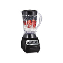 Black smoothie blender with clear blending jar filled with ice and fruit pieces