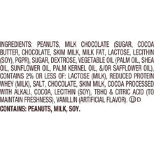 Ingredients list for peanut butter hearts candy with milk chocolate and peanuts