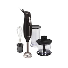 Black 3-in-1 immersion hand blender with whisk and chopper cup accessories