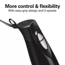 Black immersion hand blender with easy-grip handle and control buttons