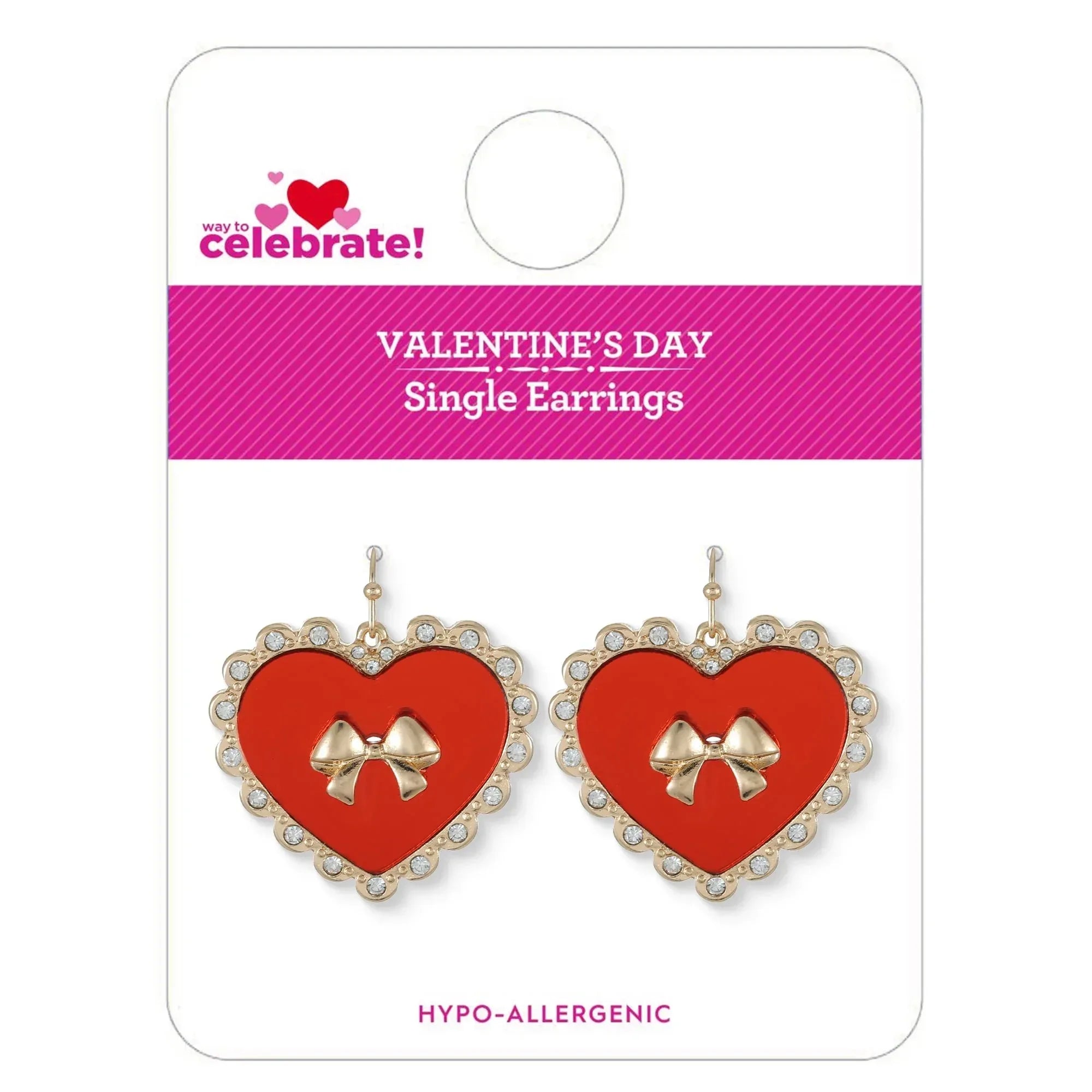 Way to Celebrate Valentine's Day Bright Red Heart and Bow Earrings, 1 Pair