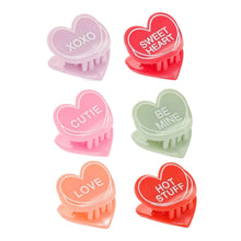 Set of 6 mini heart claw hair clips with XOXO, Sweet Heart, Cutie, Be Mine, Love, Hot Stuff