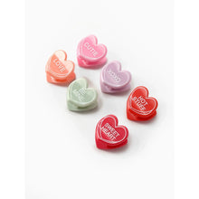 Collection of 6 mini heart claw hair clips in pink, red, orange, and green with slogans