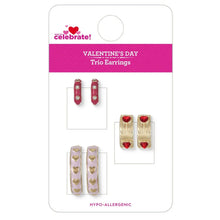Trio heart hoop earrings card showing 3 pairs: red, gold, and pale heart hoops