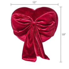 Heart-shaped red decorative pillow, 15 in wide x 19 in tall, ruched bow front.