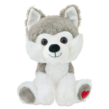 Gray and white husky dog plush sitting with heart paw patch and smiling face