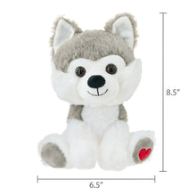 Sitting gray and white husky dog plush with heart paw patch, front view