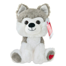 Gray and white husky dog plush with heart accent on paw and stitched face
