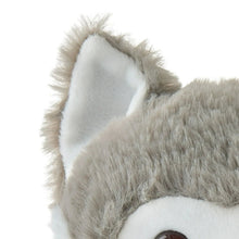 Gray and white husky dog plush side view with plush ear and snout
