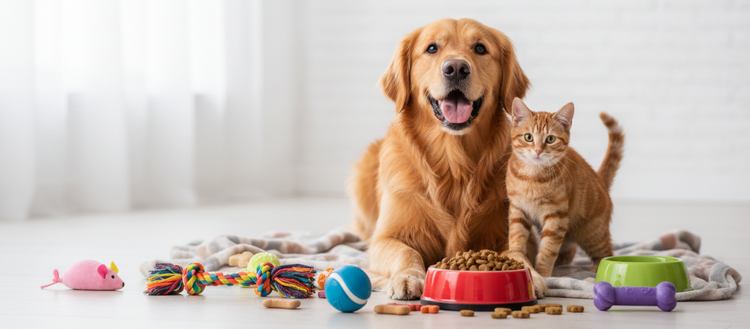 Dog and cat sitting together with toys and food bowls on a light surface.