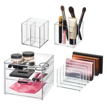 Clear acrylic cosmetic organizer set with cube, brush cup, and stackable drawer trays