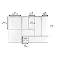 Drawer organizer set layout with labeled dimensions in inches and centimeters.
