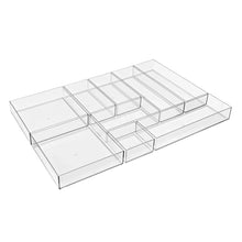 Clear 9-compartment drawer organizer tray with internal divider grid.