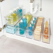 Clear deep storage bins set with corner handles and ribbed base