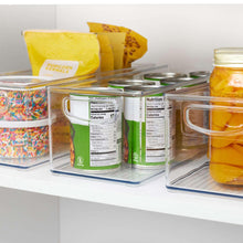 Clear deep storage bin set with handle fronts holding snack containers