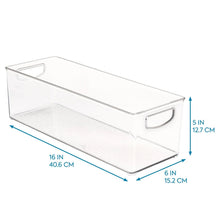 Clear deep storage bin with side handles, ribbed base, 16 in x 6 in