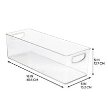 Clear deep storage bin with side handles and ribbed base, 16 in x 6 in