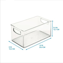 Clear plastic organizer bin with built-in rack; size labels shown