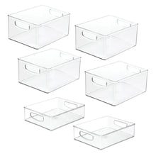 Set of clear rectangular pantry bins with front side handles