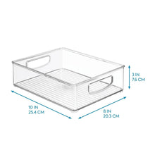 Clear pantry bin with side handles and ridged base, 10 in x 8 in x 3 in