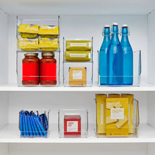 Stacking open-front pantry bins for shelves, clear plastic with open front